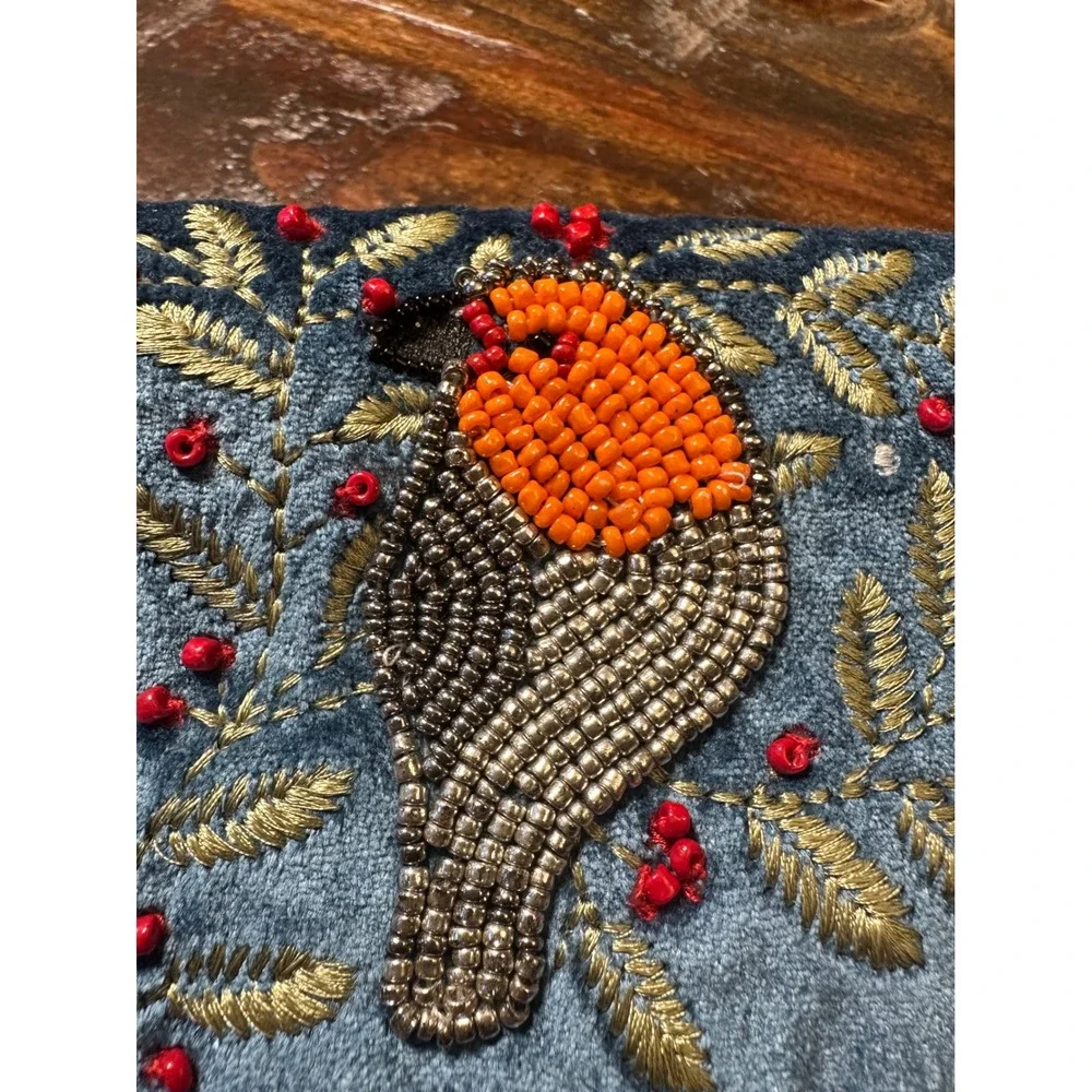 Blue Velvet Beaded Robin Bird Jewelry Roll Travel Organizer Case Embroidery